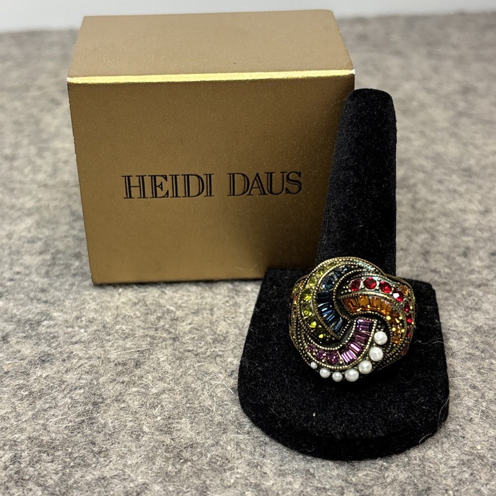 Heidi Daus Multicolor Crysal Swirl Statement Ring Faux Pearl Size 10 NIB